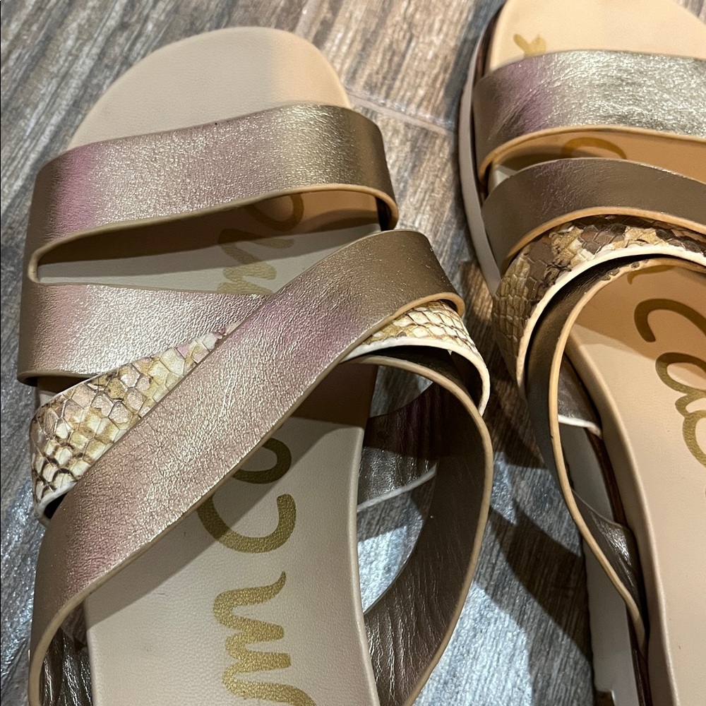 Sam Edelman Ariele Gold Metallic Snake Strappy Platform Slide On Sandals Size 6 - Picture 6 of 12
